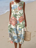 Women's Vintage Art Flower Print Sleeveless Cotton Pocket Wrap Dress