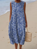 Women's Vintage Floral Pattern Art Print Sleeveless Cotton Pocket Wrap Dress