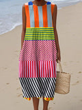 Women's Artistic Abstract Lines Print Sleeveless Cotton Pocket Wrap Dress