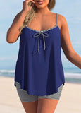 Navy Blue Striped Bowknot Plus Size Tankini Set