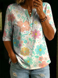 Women's Floral Pattern Art Print Casual Classic Henley Collar 100% Cotton T-shirt
