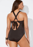 Black Lace Up One Piece Swimsuit