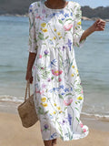 Women's Casual Solid Color Round Neck Mid-Sleeve Floral Print Cotton Linen Dress