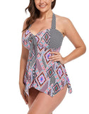Pink Geometric Print Handkerchief Halter Tankini Set
