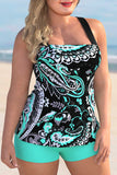 Cyan Plus Size Paisley Print Cross Strap Tankini Set
