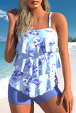 Floral Print Layered Purplish Blue Tankini Set