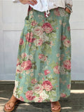 Women's Retro Floral Art Print Linen Pocket Skirt