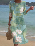 Women's Casual Round Neck Mid Sleeve Print Cotton and Linen Dress