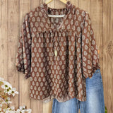 Charming Vintage Floral Printed V Neck Blouse Women's Cozy 3/4 Sleeve Top