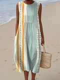 Women's Minimalist Art Geometric Lines Print Sleeveless Cotton Pocket Wrap Dress