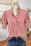 100% Cotton Green/Khaki/Red/Blue Gingham Check Shirt with Ruffle Neckline & Puff Sleeves Medium Length Women's Fashion Top