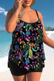 Plus Size Black Leaf Print Tankini Set