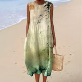 Women's Vintage Landscape Floral Art Print Sleeveless Cotton Pocket Wrap Dress
