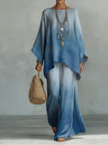 Gradient Smoke Decorative Pattern Linen Cotton Top And Wide-leg Pants Two-piece Set