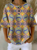 Women's Flower Art Print Casual Waffle Cotton Shirt