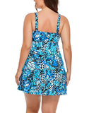 Teal Blue Butterfly V-neck Two-Piece Swimdress