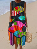 Women's Vintage Fish Art Print Sleeveless Cotton Pocket Wrap Dress
