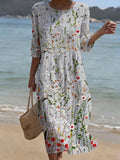 Women's Casual Solid Color Round Neck Mid-Sleeve Floral Print Cotton Linen Dress