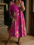 Women's Flower Print Casual Loose-fit Cotton-linen Dress With Lace Trim And Paneling