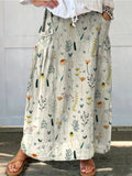 Women's Retro Floral Art Casual Linen Pocket Skirt