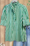 100% Cotton Green/Khaki/Red/Blue Gingham Check Shirt with Ruffle Neckline & Puff Sleeves Medium Length Women's Fashion Top