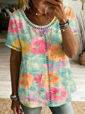 Retro Floral Print & Cutout Webbing Spliced loose-fit Cotton-linen Short-sleeve Shirt