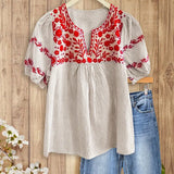 Boho Striped Blue/Khaki Blouse with Delicate Red Floral Embroidery, Puff Sleeves & Chic V - Neck, Feminine Cute Blouse Women's Top Shirts