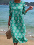 Women's Casual Round Neck Mid Sleeve Print Cotton and Linen Dress