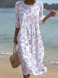 Women's Casual Solid Color Round Neck Mid-Sleeve Floral Print Cotton Linen Dress