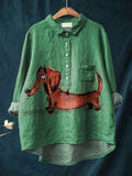 Vintage Lovely Dachshund Art Print Casual Cotton And Linen Shirt