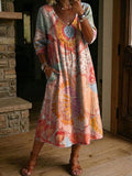 Women's Flower Print Casual Loose-fit Cotton-linen Dress With Lace Trim And Paneling