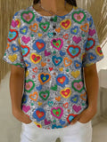 Women's Vintage Love Pattern Printed Cotton Linen Top