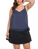 Navy Blue Dots Side Tie Tankini With A-Line Swim Skirt