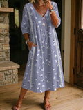Women's Flower Print Casual Loose-fit Cotton-linen Dress With Lace Trim And Paneling