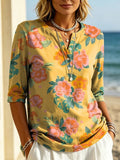 Women's Floral Pattern Art Print Casual Classic Henley Collar 100% Cotton T-shirt