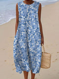 Women's Vintage Flower Art Print Sleeveless Cotton Pocket Wrap Dress