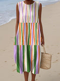 Women's Abstract Multicolor Stripes Painting Art Print Sleeveless Cotton Pocket Wrap Dress