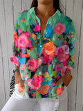 Women's Vintage Flowers Art Print Casual Linen V-neck Shirt