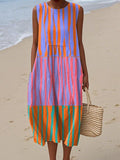 Women's Artistic Abstract Lines Print Sleeveless Cotton Pocket Wrap Dress