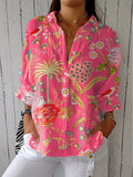 Women's Vintage Flowers Art Print Casual Linen V-neck Shirt