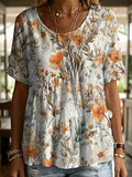 Elegant Floral Decorative Patterns Women's Round Collar Short Sleeve Cotton Shirt