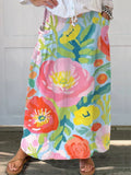 Women's Vintage Floral Art Print Linen Pocket Skirt