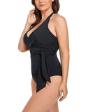 Black Faux Wrap Halter One Piece Swimsuit