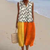 Women's Vintage Abstract Geometric Art Print Sleeveless Cotton Pocket Wrap V Neck Dress