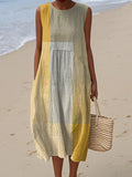 Women's Artistic Colour Blocking Lines Print Sleeveless Cotton Pocket Wrap Dress