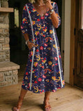 Women's Flower Print Casual Loose-fit Cotton-linen Dress With Lace Trim And Paneling