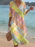 Bohemian-style Color-block Plaid Art Print Cotton-linen Dress
