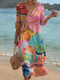 Bohemian Colorful Graffiti Print V-neck Cutout Waist Dress