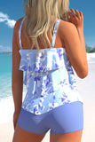 Floral Print Layered Purplish Blue Tankini Set