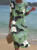 Women's Casual Round Neck Mid Sleeve Print Cotton and Linen Dress